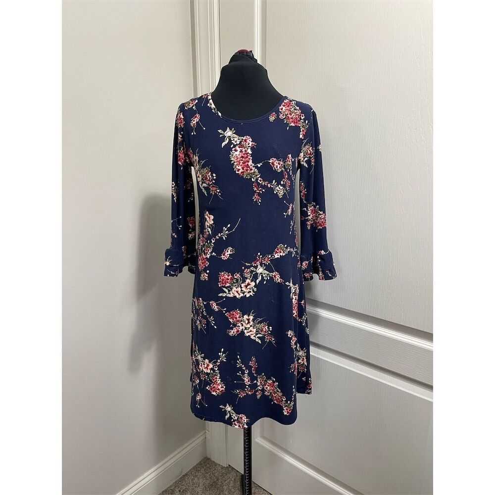 Pink Rose XS Floral Ruffle Hem Knee Length Dress Navy Blue Casual. Sku100